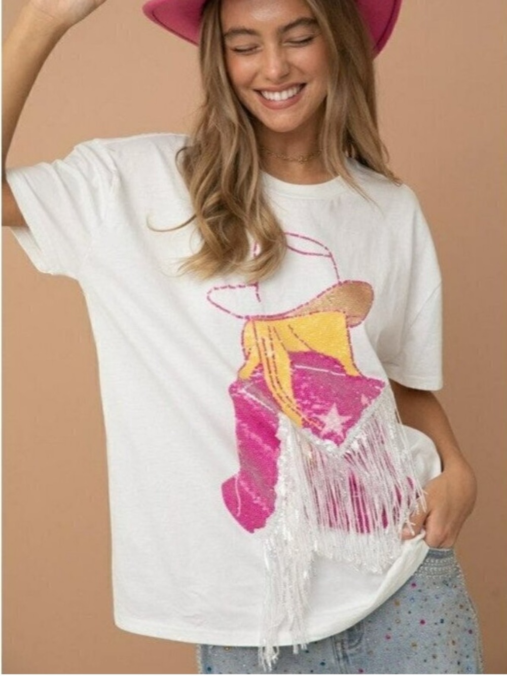 White Graphic Fringe sequins cowgirl Tee with tan  and Yellow Print, M